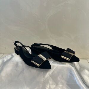White House Black Market Black Pointed Slingback Flats with Bow & Gold Trim